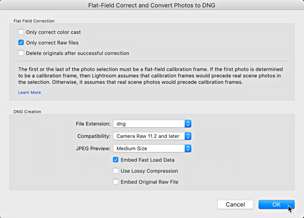 The only correct. Dng file. Mrs Flat field Calibration.